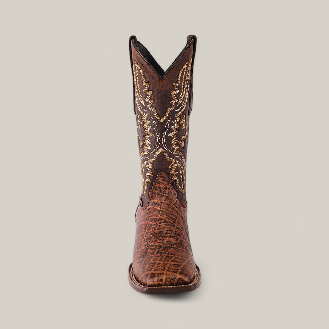 Close-up of a single Mamut Grimm Brown Square Toe cowboy boot made from premium leather, featuring intricate stitching and ornate Western-style patterns, set against a plain light background.