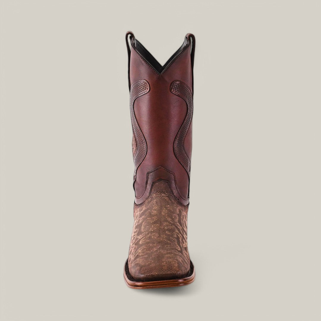 The Exotic Carunga - Diamond boot in natural tone is showcased from the front against a plain background. This genuine leather cowboy boot has a square toe, textured details, and intricate patterned stitching on the shaft.