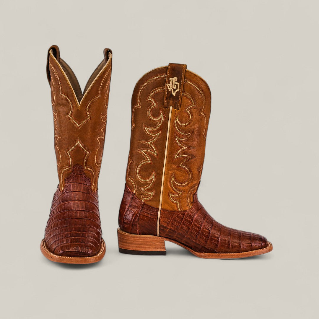 The Exotic Caiman Belly Tail - Brandy - Square Toe boots feature decorative stitching on the upper shaft and textured caiman belly leather on the foot, shown against a plain light background.