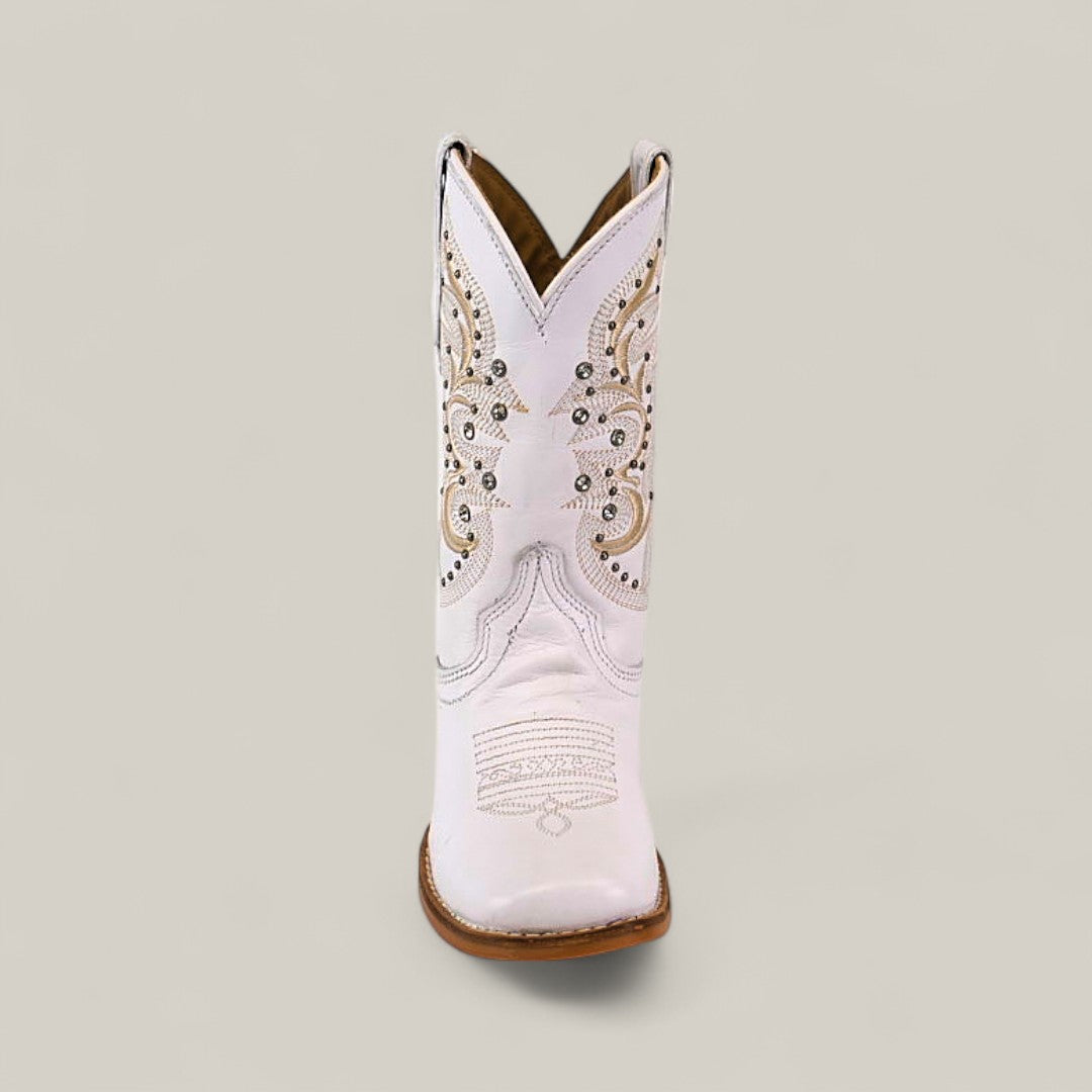 The Amara White - Square Toe - Kids Boots features a single white boot with decorative stitching, silver and gold embroidery, and metallic studs, crafted from premium materials and shown from the front against a plain light background.