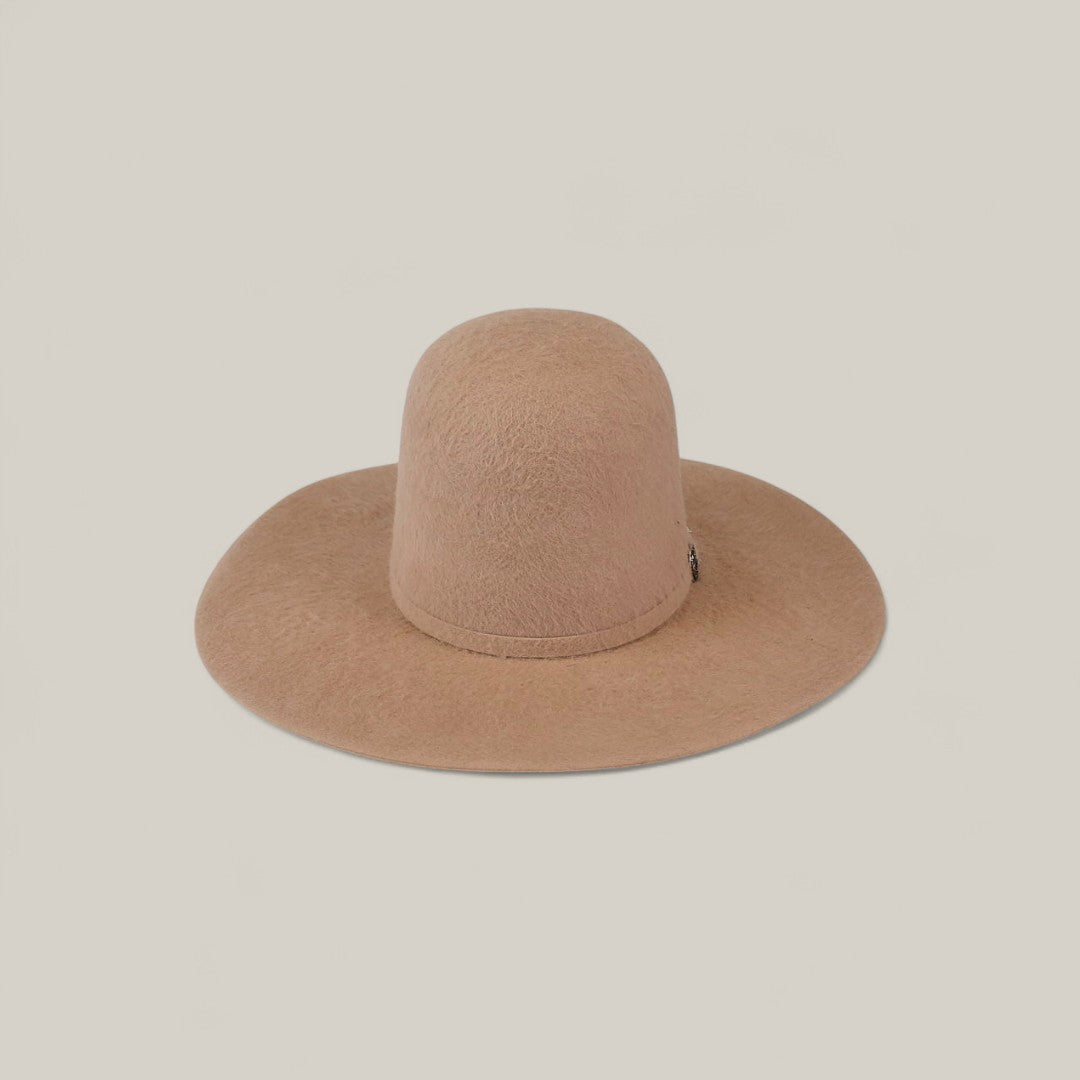 The 25X Grizzly - Belly - TC Hats features a tan, wide-brimmed felt design with an open, rounded crown, showcased against a plain light background.