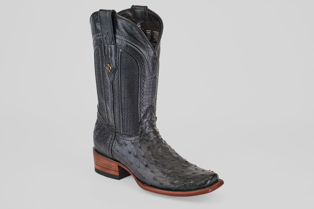 The Exotic Ostrich - Black - Narrow Square Toe boot features intricate shaft stitching and a wooden heel, making it ideal for those seeking exotic boots with standout texture. Displayed against a plain white background.