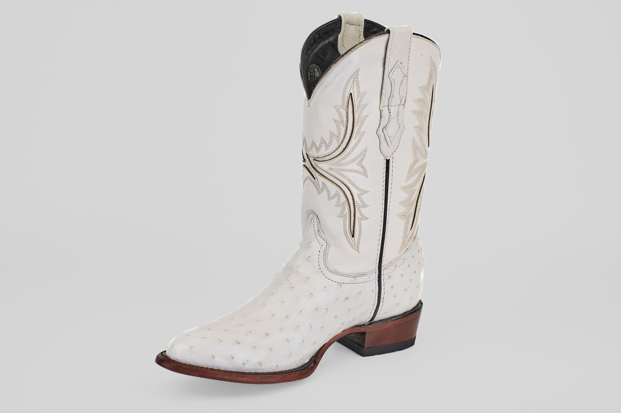 A single Austin - White - Round Toe cowboy boot with a brown sole and heel, oval ostrich leather texture, and decorative stitching is shown against a plain light gray background.
