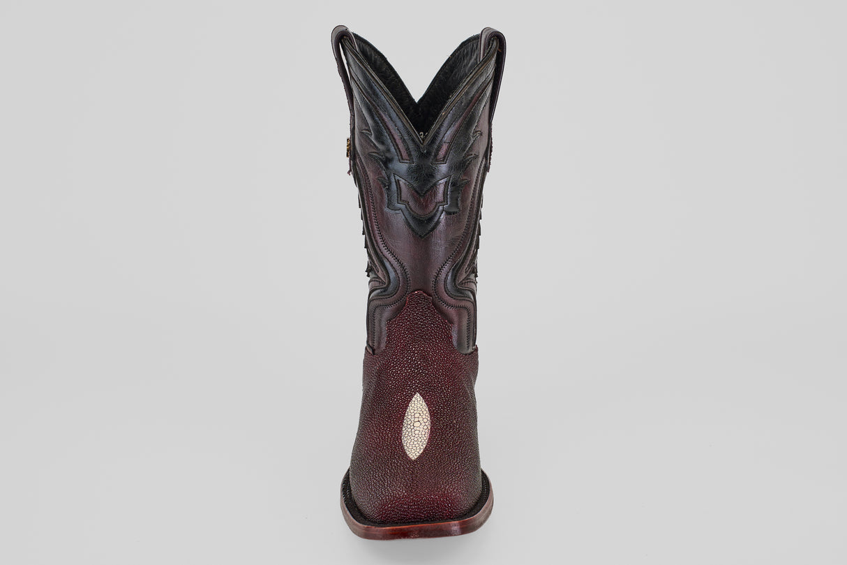 The Ranger – Wine – Rodeo Toe boot is shown from the front in dark brown with intricate stitching and a lighter oval rodeo toe patch, set against a plain light gray background.
