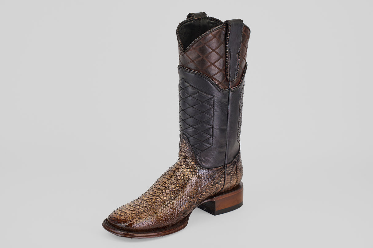 The Tanner Platinum - Dune - Square Toe (Imperial) boot features a brown textured snakeskin lower, dark quilted leather upper, square toe, and stacked wooden heel—perfect for men seeking standout western style.