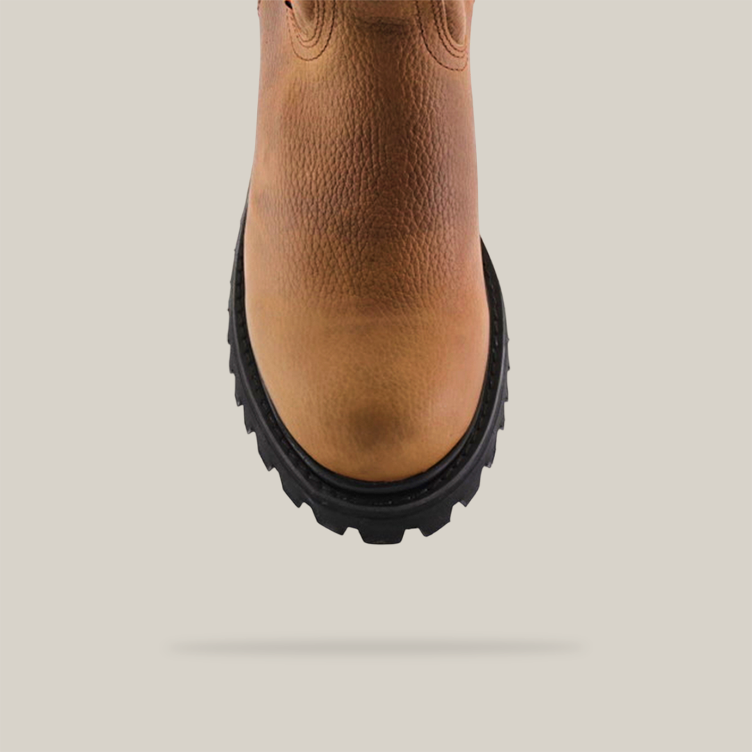 Front view of the Tan Roper - Tractor Sole - Soft Toe boot in brown leather. Made from premium cowhide with a textured surface and rugged black rubber sole, highlighting its durability and design against a white background.