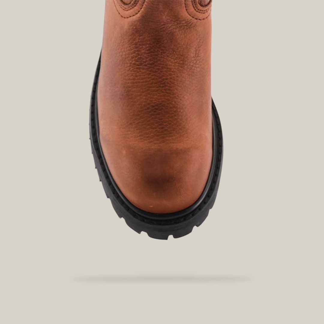 Close-up of the Brandy Roper boot, crafted from premium cowhide leather with a black tractor sole, shown from above. Set upright against a plain white background, it showcases the exquisite leather texture and unique tread pattern.