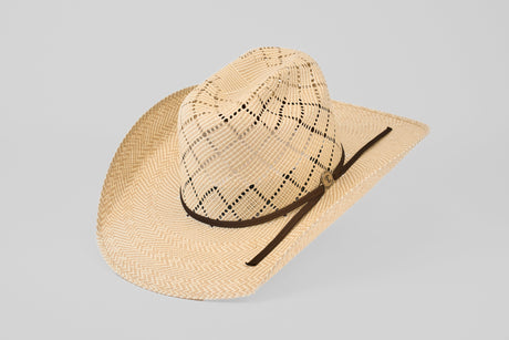 A light tan woven cowboy hat with a dark brown band and decorative patterns, set against a plain light gray background.
