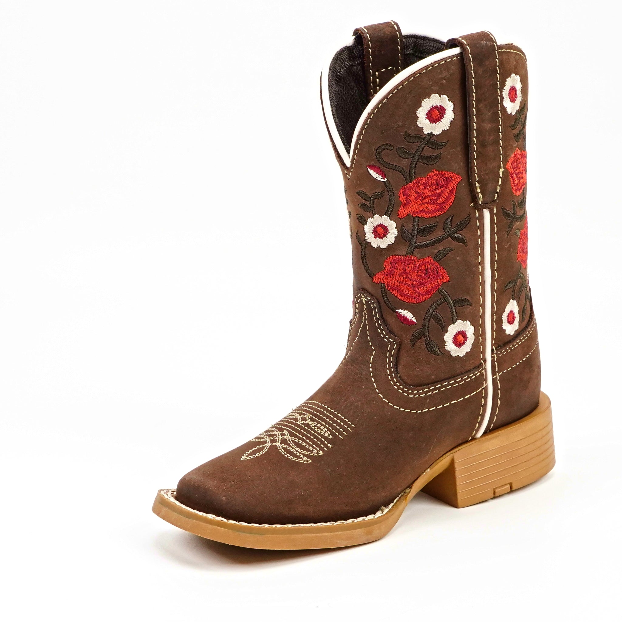 Kids Cowboy Boots - Brown Floral Shaft - Square Toe (TCK020)