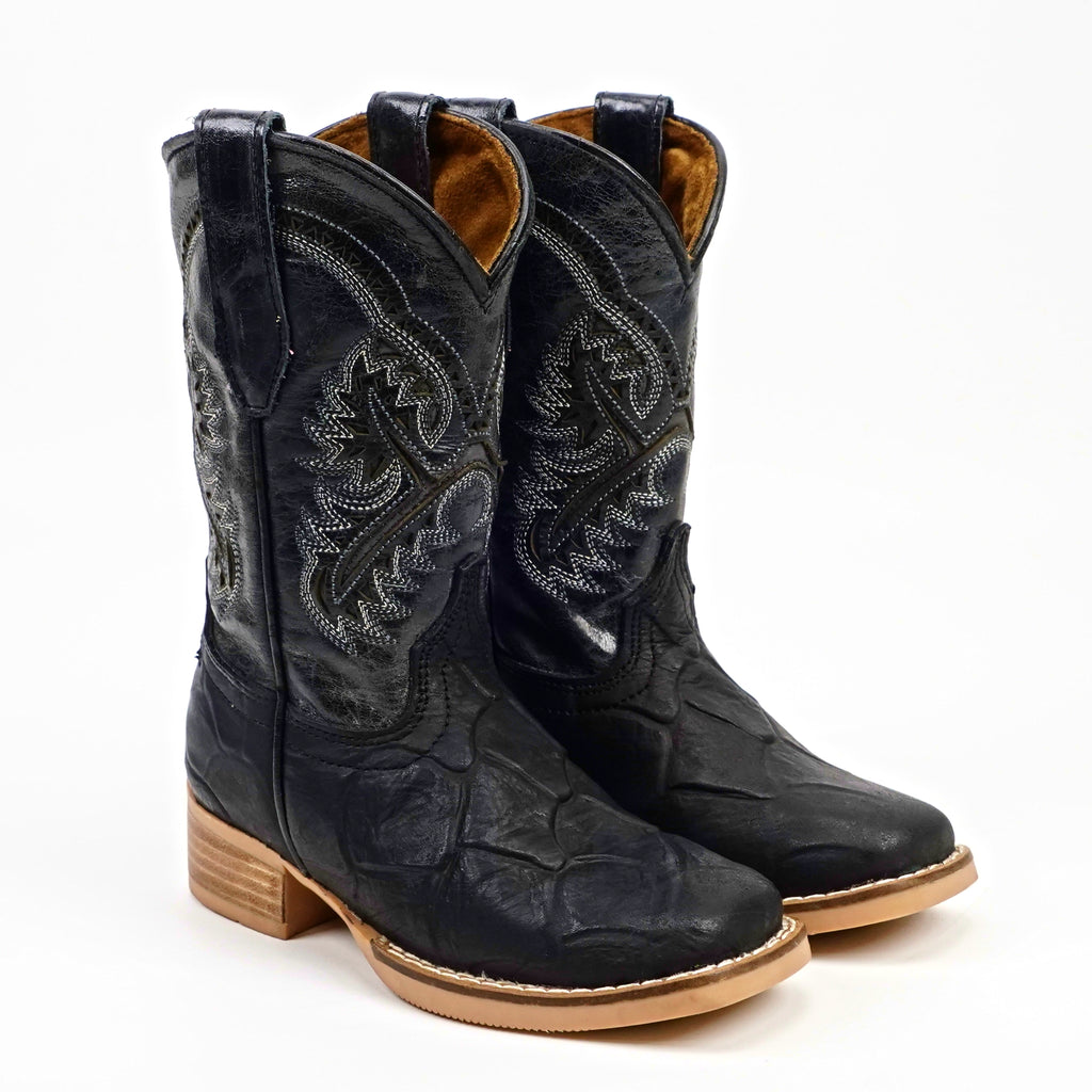 Black Pirarucu Fish - Embossed Leather Kids Boots - Square Toe (K92-1)