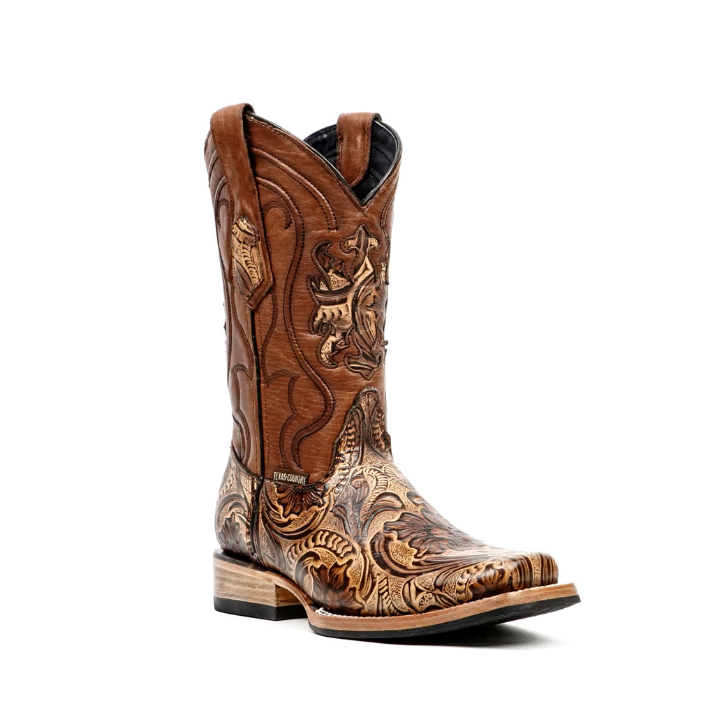 Botas Orix Florales Grabadas a Mano - Piel Repujada - Punta Rodeo (E696)