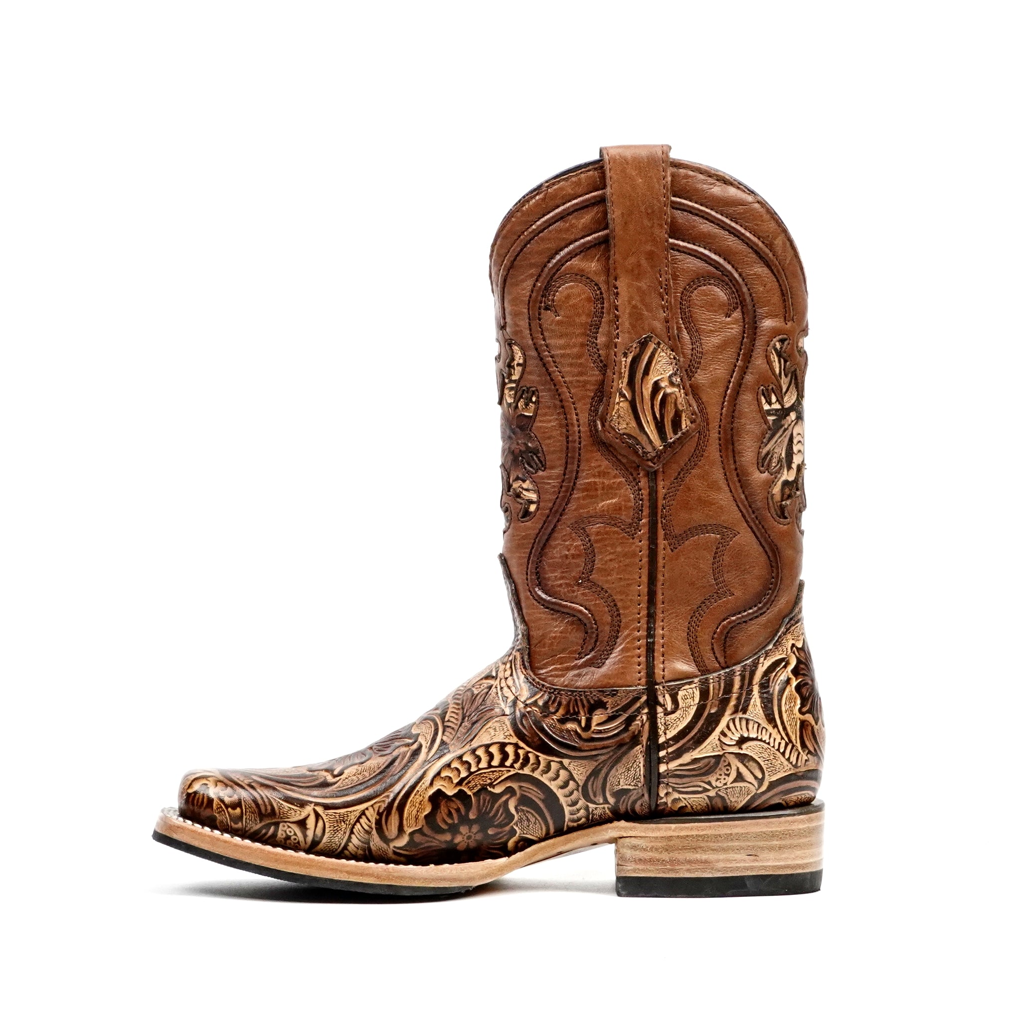 Botas Orix Florales Grabadas a Mano - Piel Repujada - Punta Rodeo (E696)