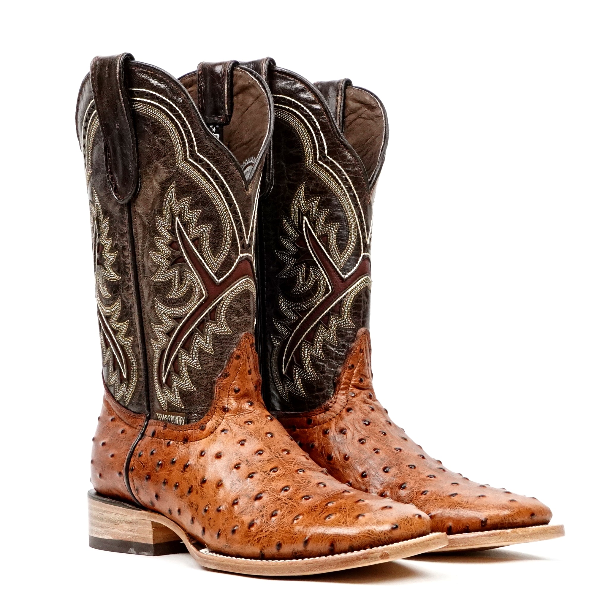 Ostrich Cognac Cowboy Boots - Embossed Leather - Square Toe (E424)