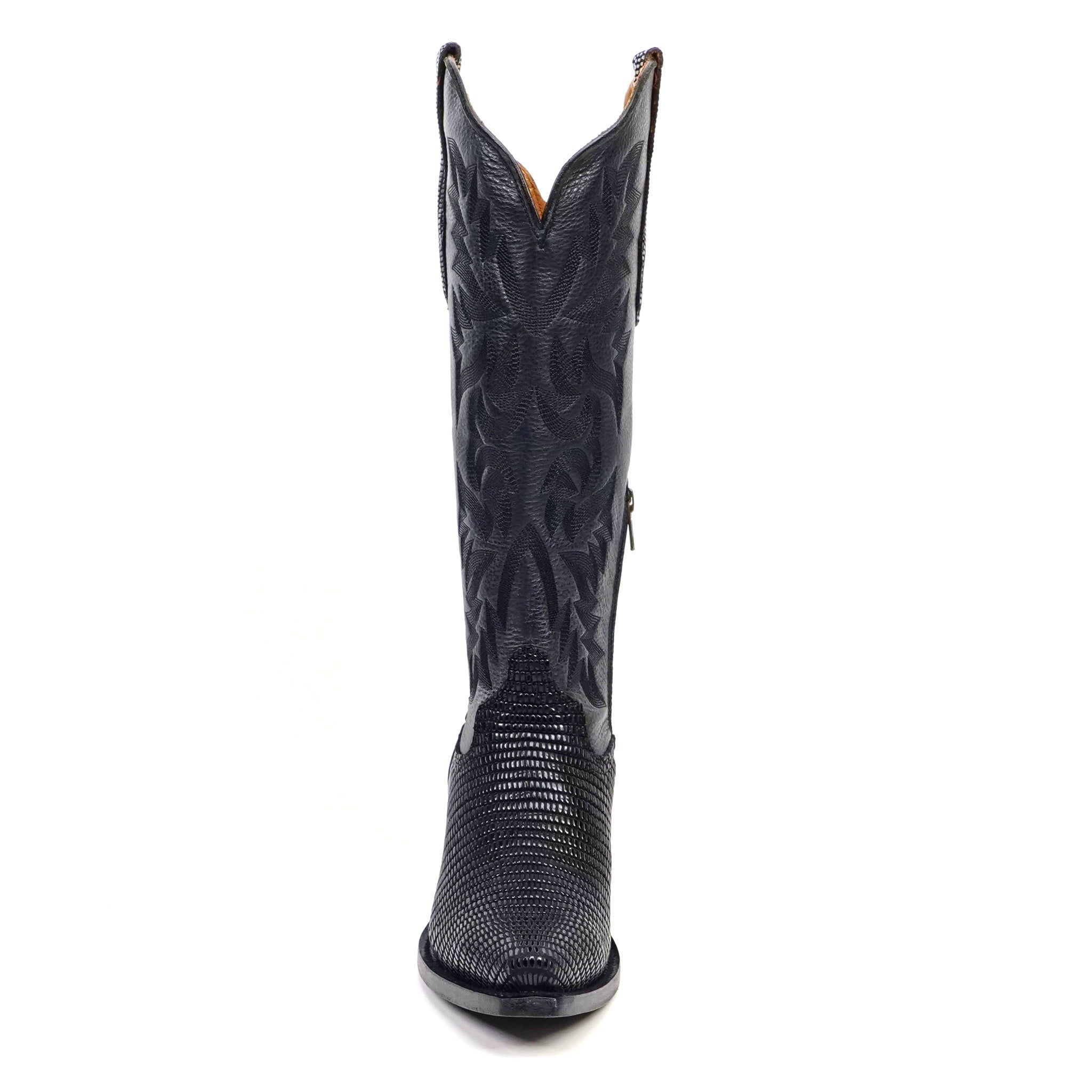 Embossed Lizard Black Cowgirl Boots - Tall Shaft - Snip Toe (E873)