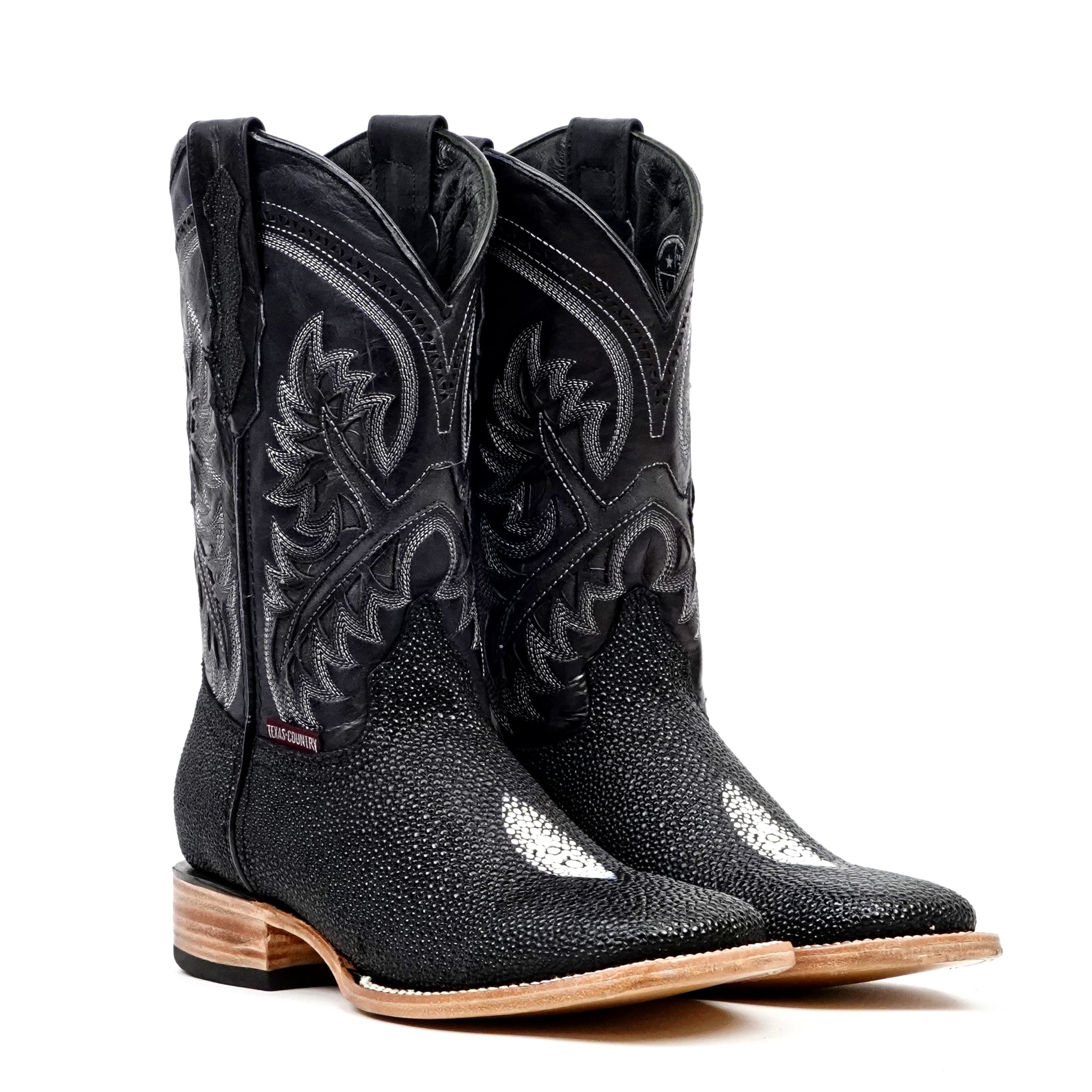 Stingray Black Boots - Embossed Leather - Square Toe (E442)