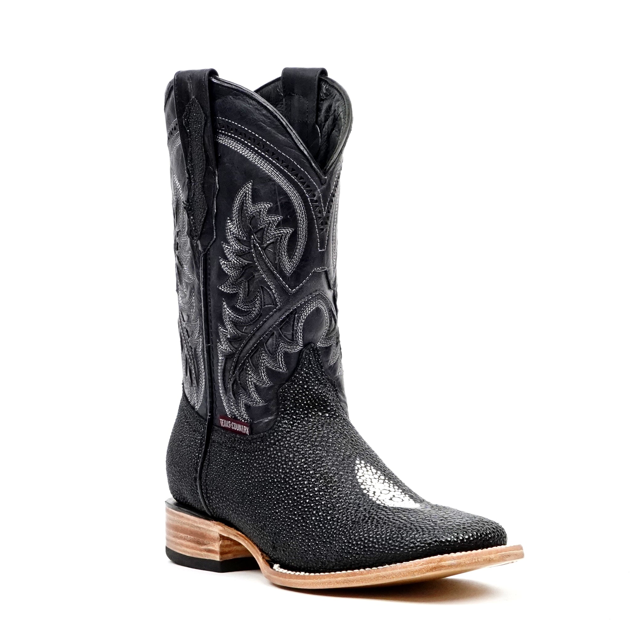 Stingray Black Boots - Embossed Leather - Square Toe (E442)