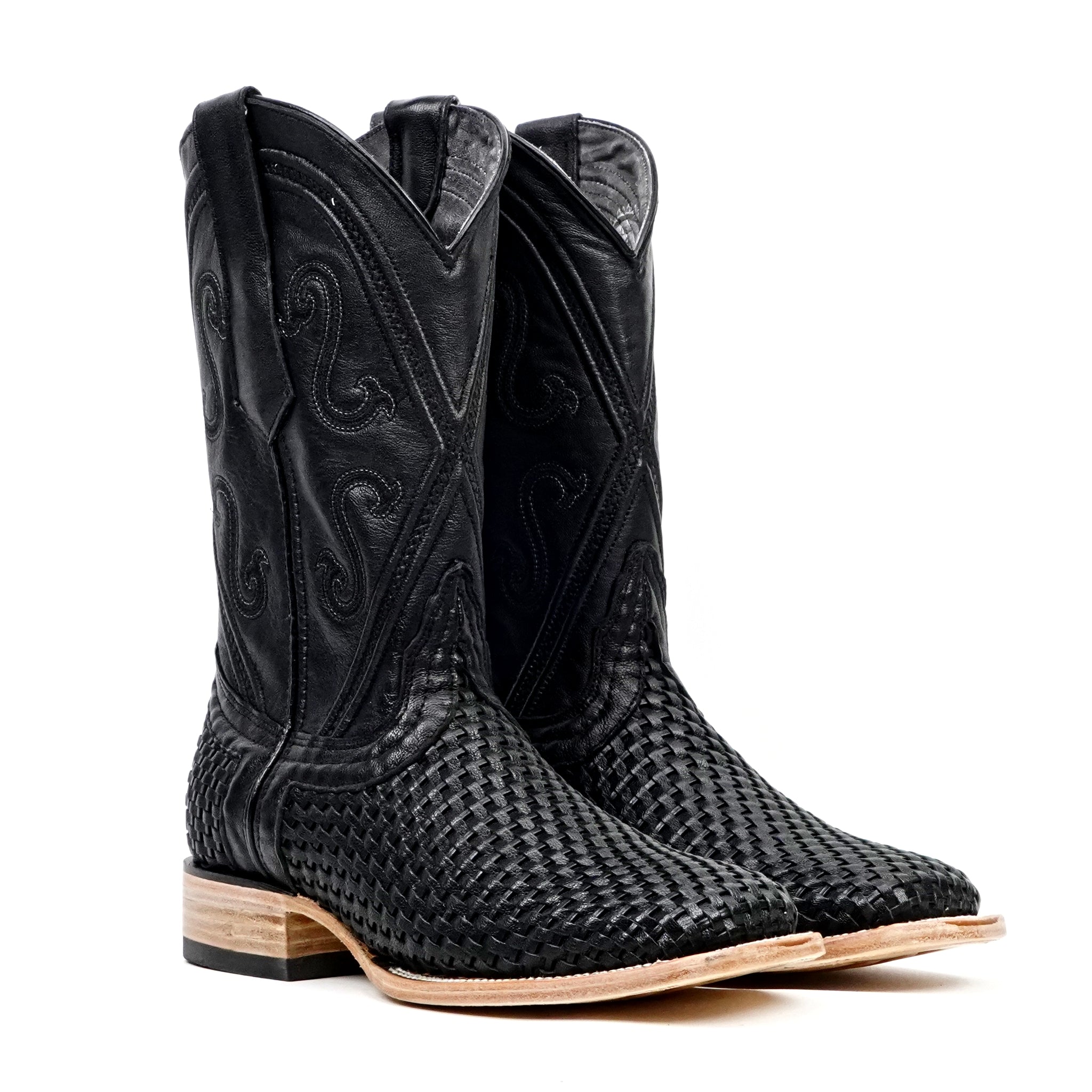 Rush Black Basketweave Boots - Square Toe (E633)