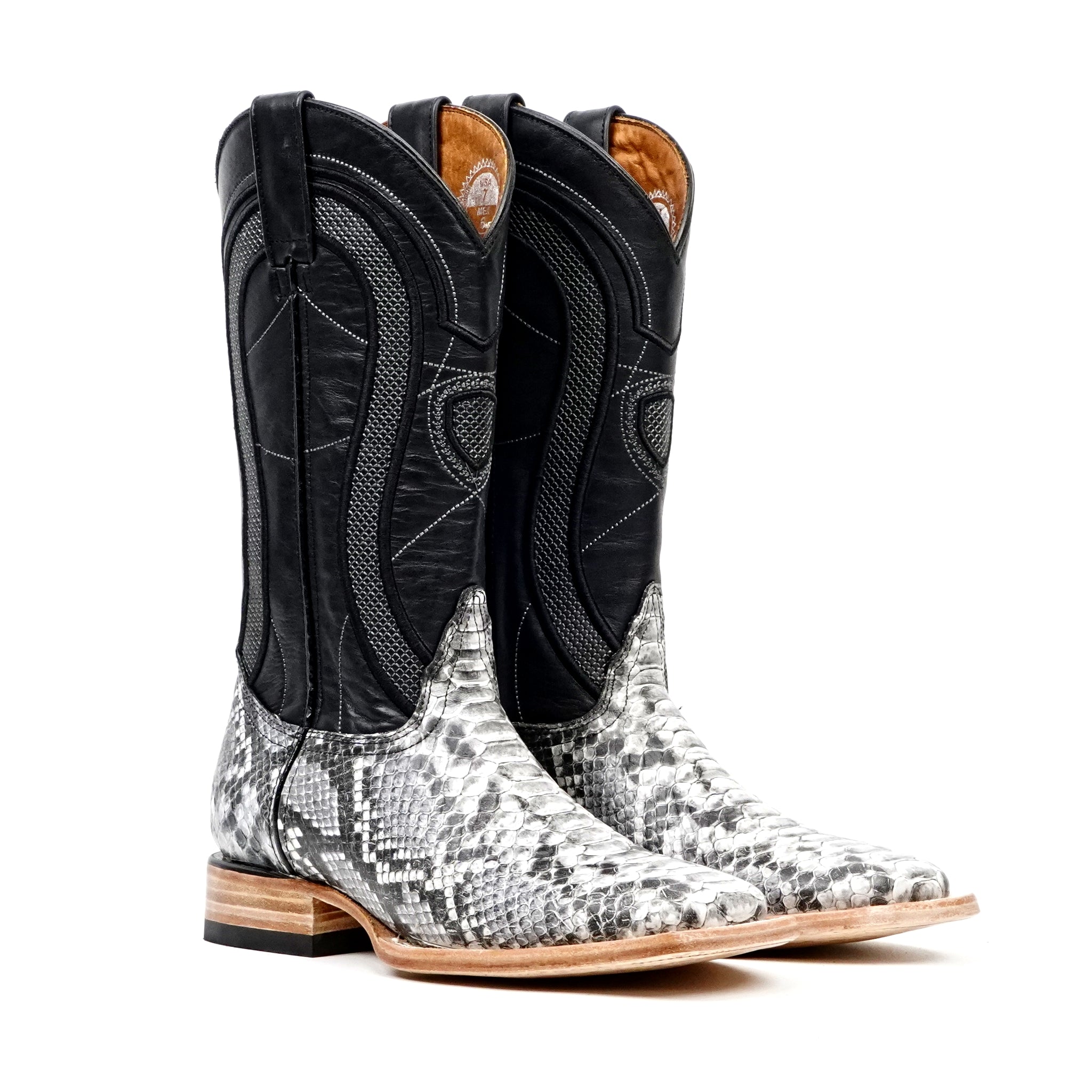 Python Natural Cowboy Boots - Embossed Leather - Square Toe (E913)