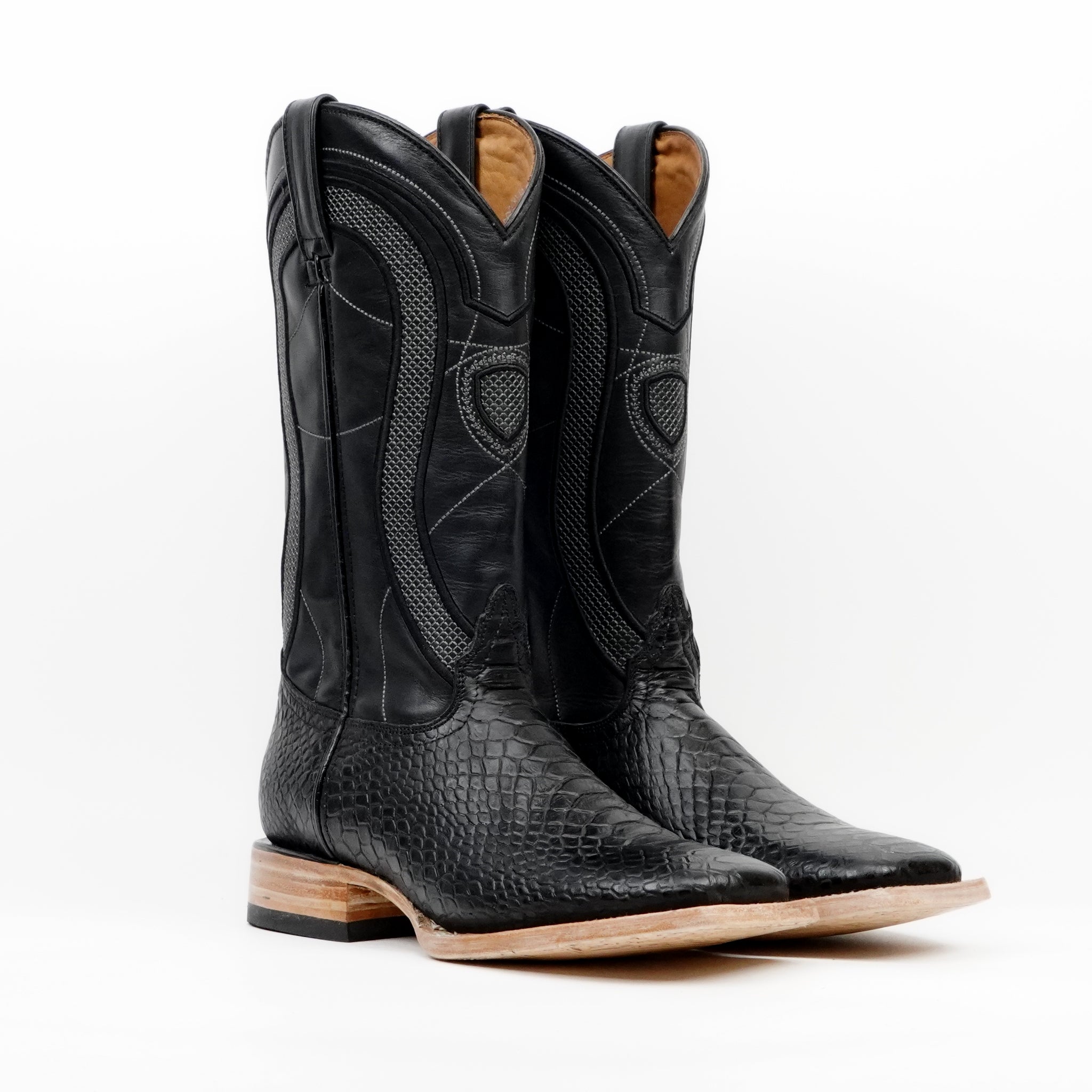 Python Black Boots - Embossed Leather - Square Toe (E913)
