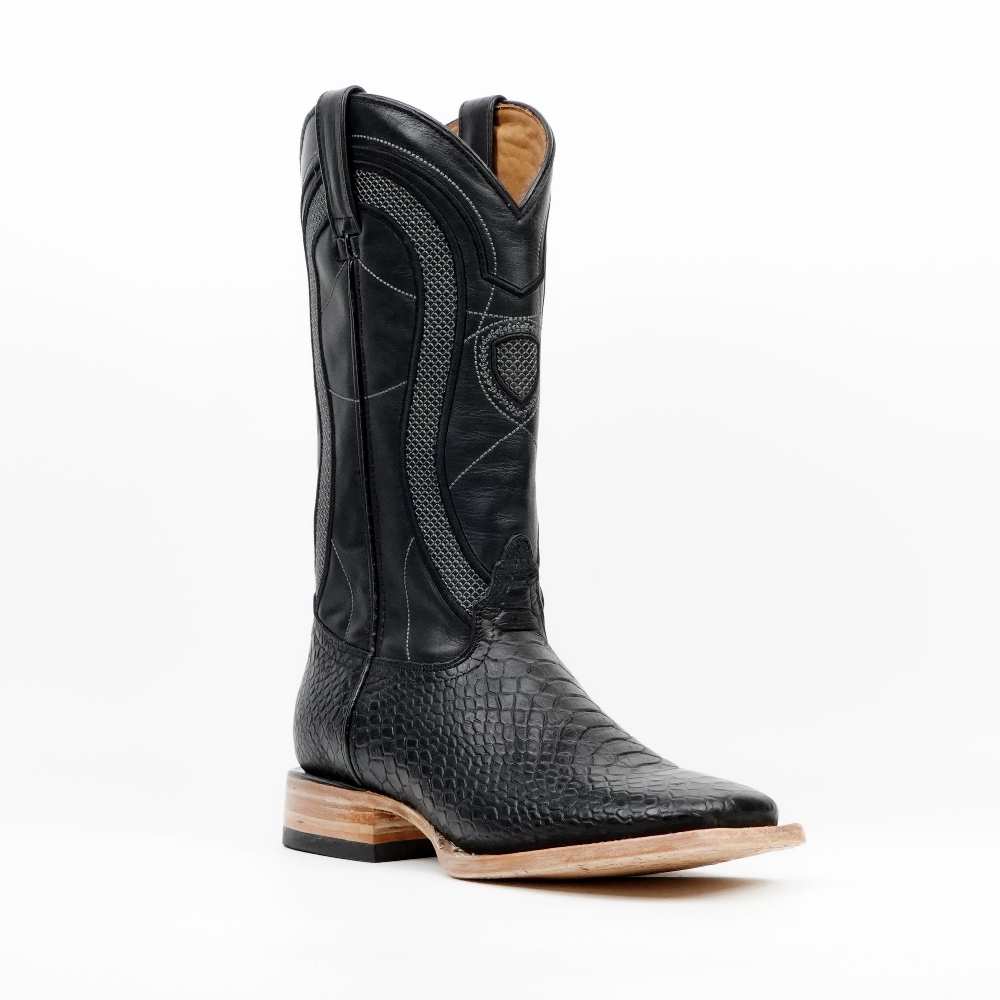 Python Black Boots - Embossed Leather - Square Toe (E913)