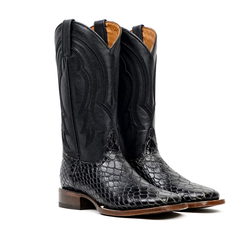 Snake Cowboy Boots- Black Embossed Leather - Square Toe (E947)