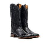 Snake Cowboy Boots- Black Embossed Leather - Square Toe (E947)