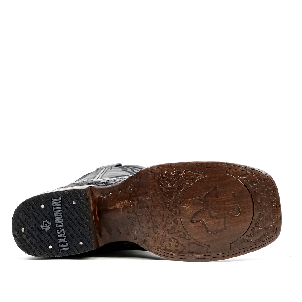 Snake Cowboy Boots- Black Embossed Leather - Square Toe (E947)