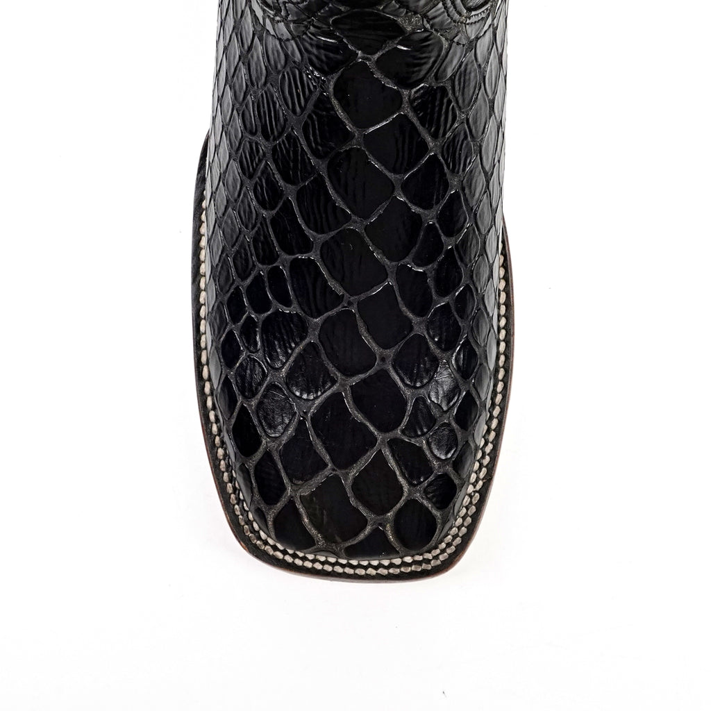 Snake Cowboy Boots- Black Embossed Leather - Square Toe (E947)