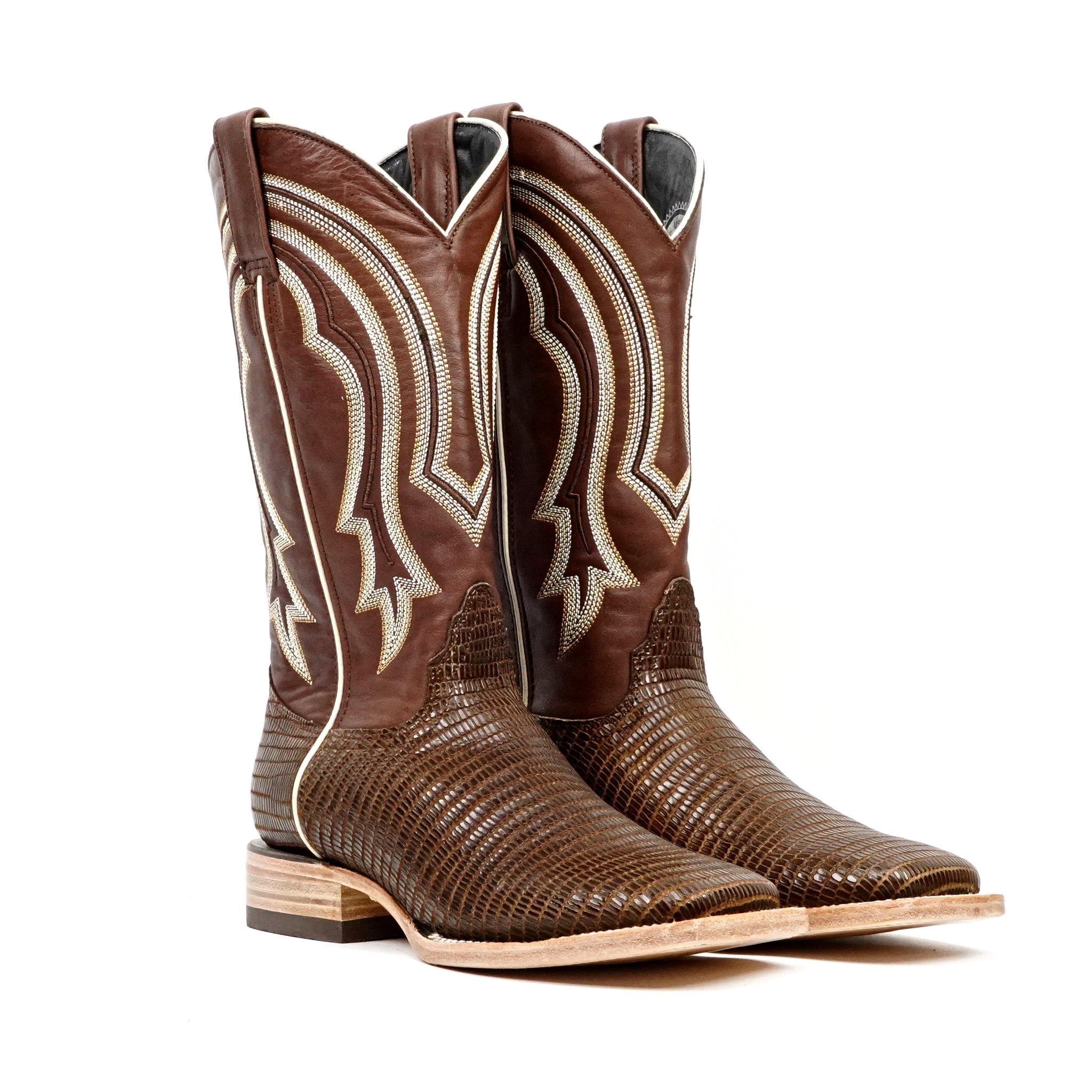 Lizard Cowboy Boots - Brown Embossed Leather - Square Toe (E949)