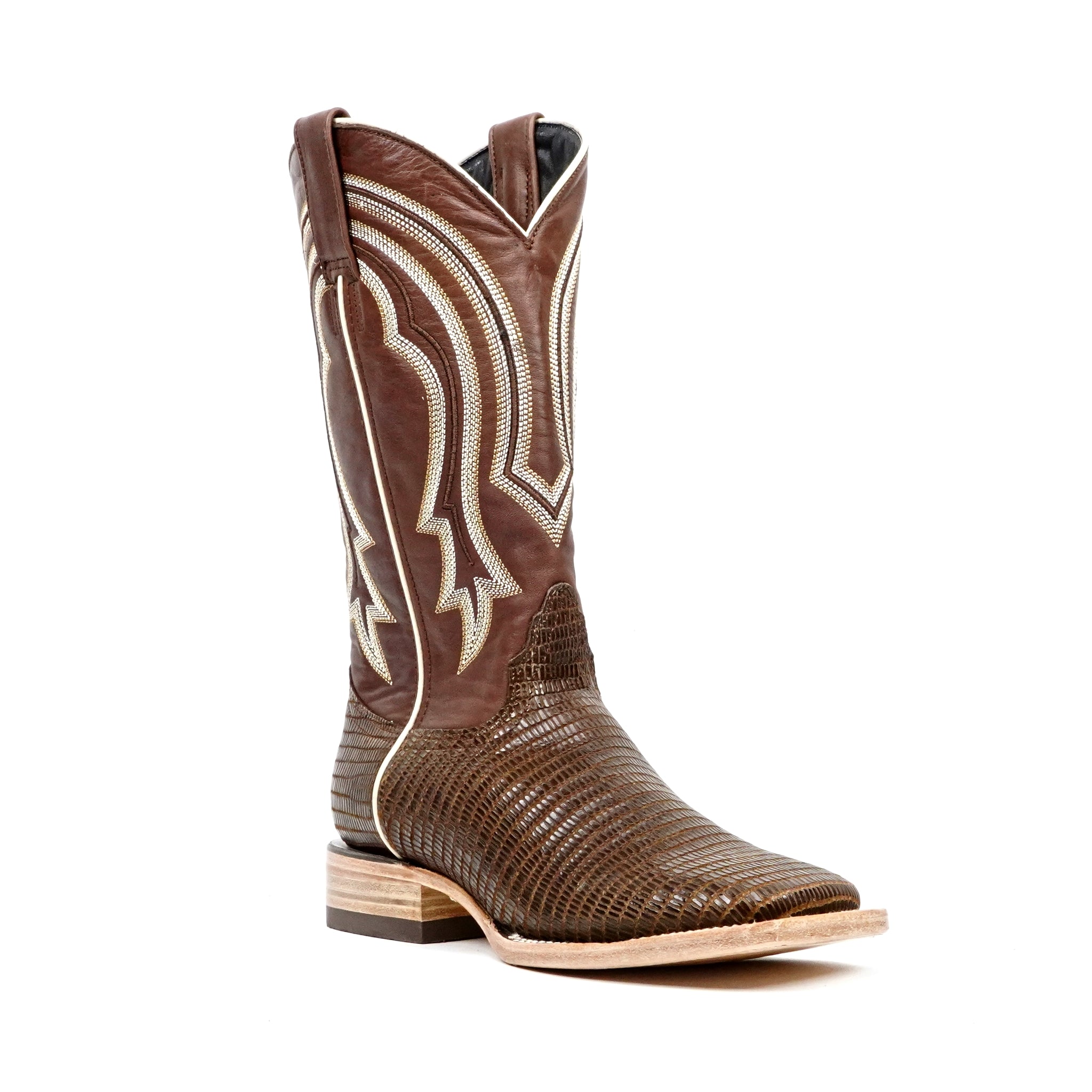 Lizard Cowboy Boots - Brown Embossed Leather - Square Toe (E949)
