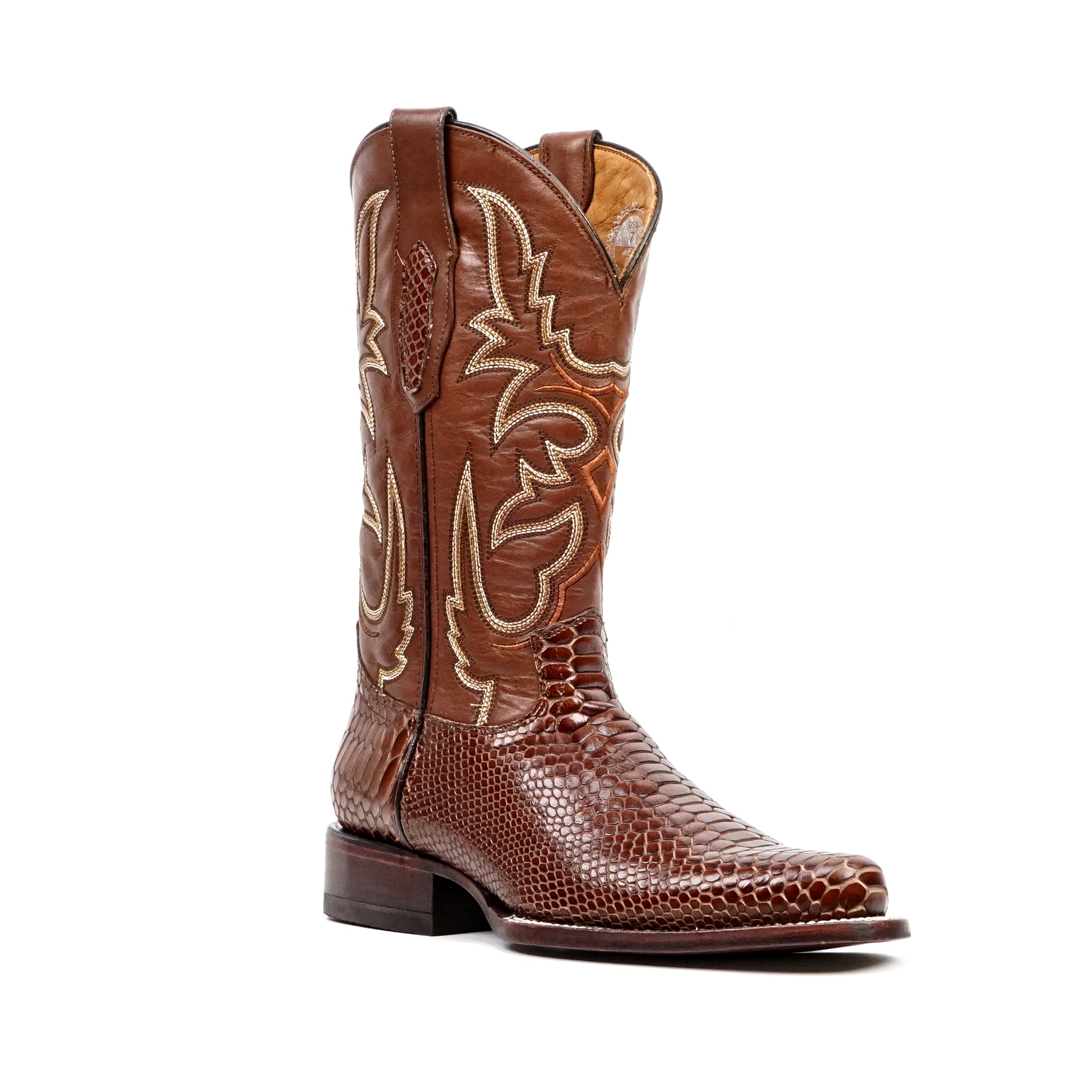 Snake Cognac Boots - Embossed Leather - Round Toe (E953)