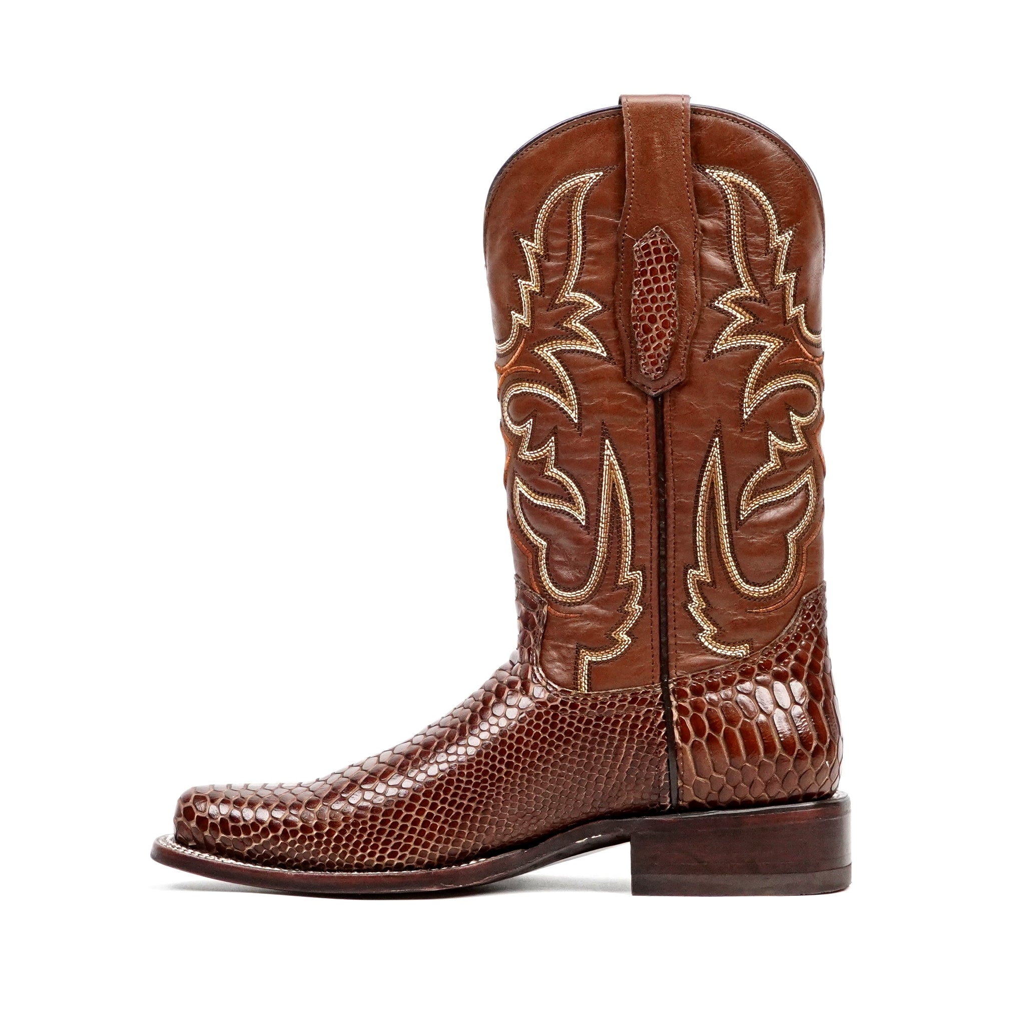 Snake Cognac Boots - Embossed Leather - Round Toe (E953)