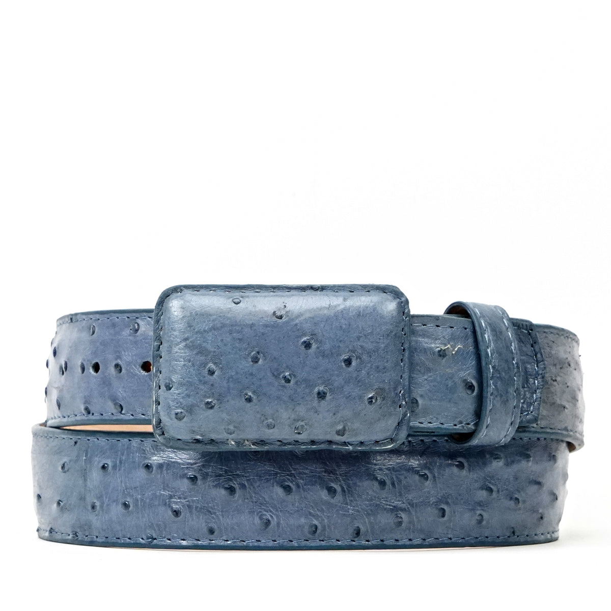 Cinturón exótico de avestruz de pluma completa - Azul vaquero (C-001)