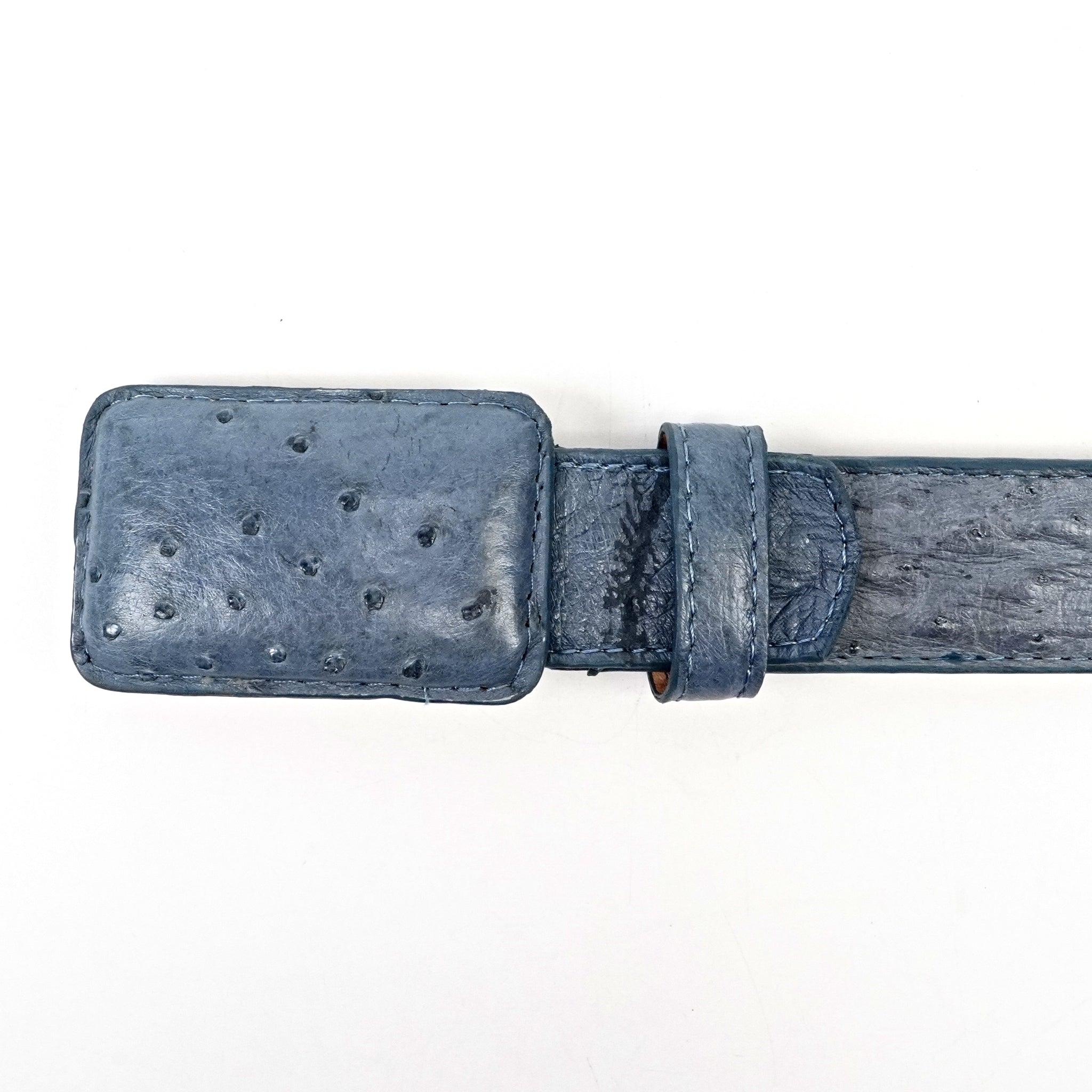 Cinturón exótico de avestruz de pluma completa - Azul vaquero (C-001)