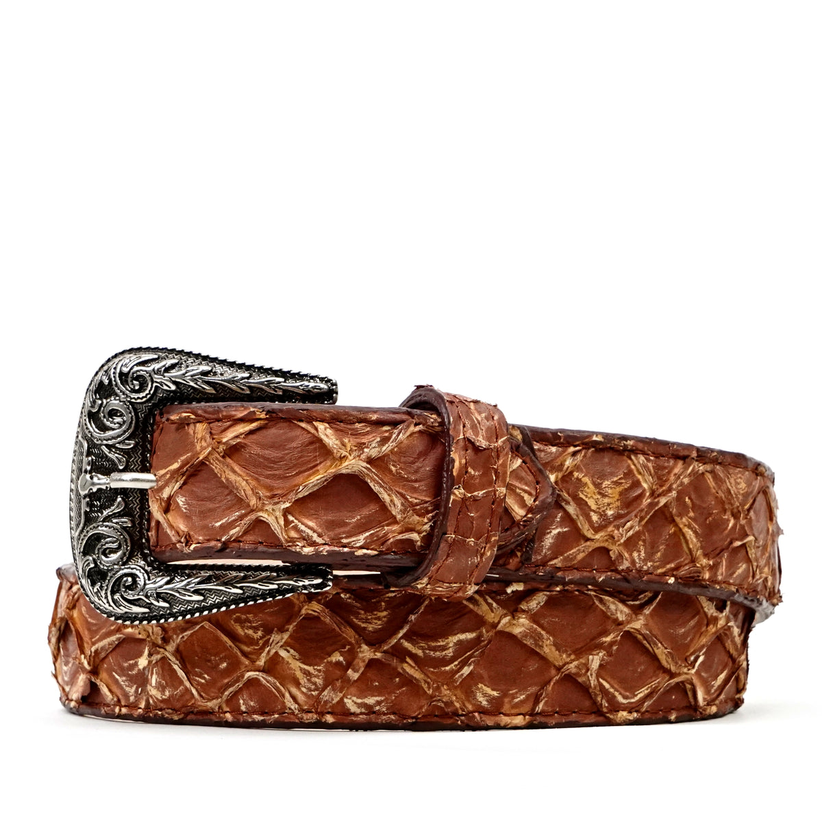 Cinturón exótico de pirarucú acolchado completo - Pecan (C-028)