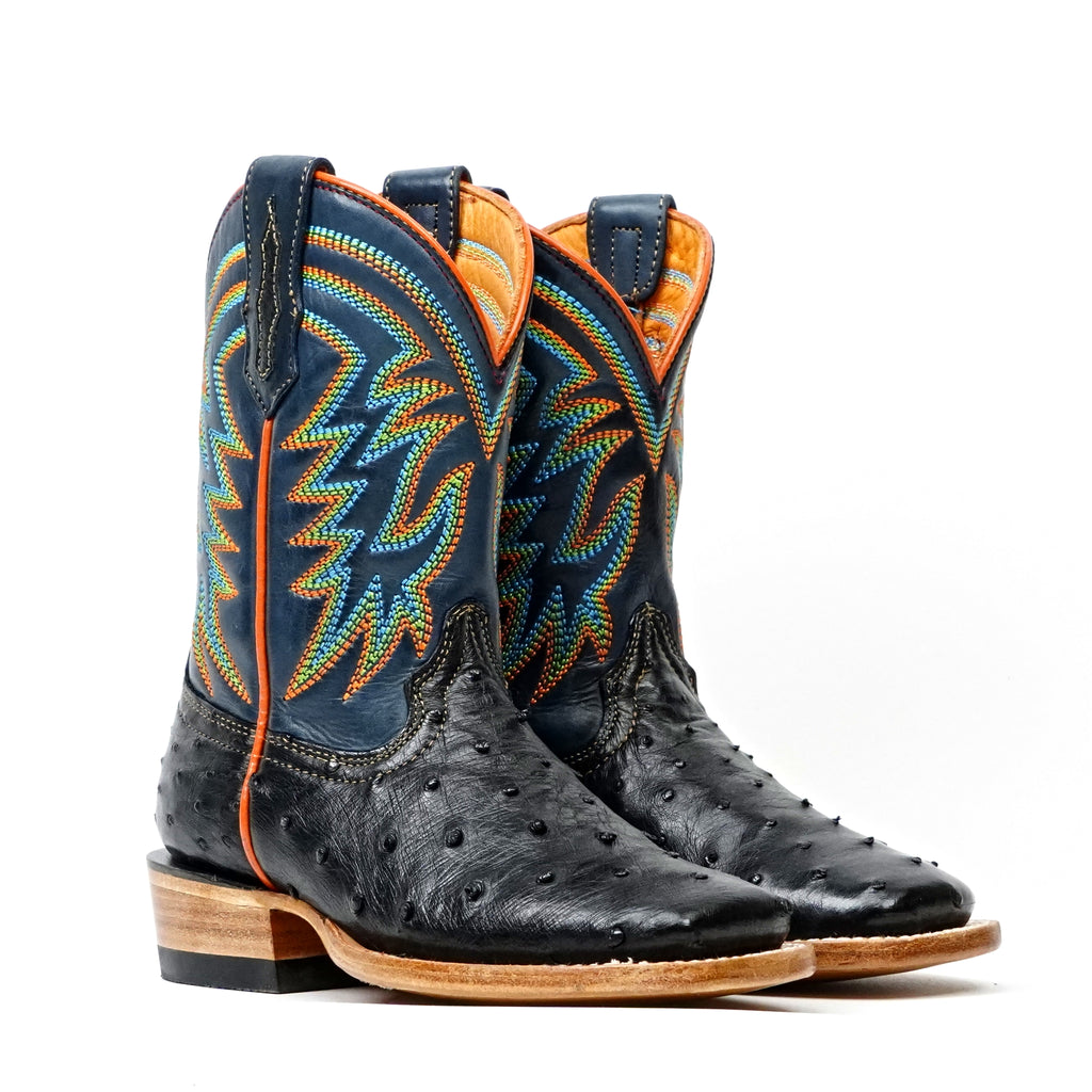 Kids Ostrich Boots - Black - Square Toe