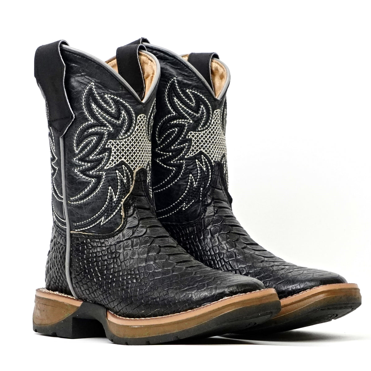 Kids Python Black Boots - Embossed Leather - Square Toe