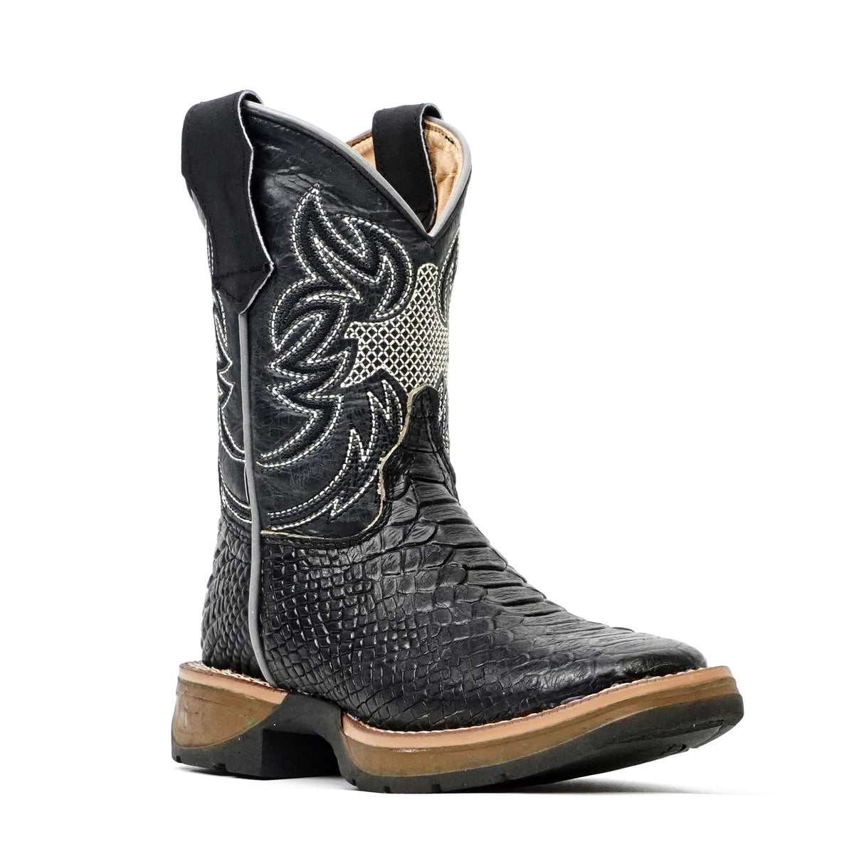 Kids Python Black Boots - Embossed Leather - Square Toe