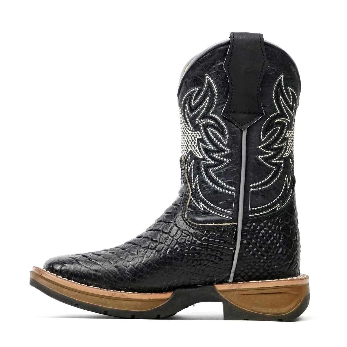 Kids Python Black Boots - Embossed Leather - Square Toe