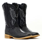 Kids Black Stingray Boots - Embossed Leather - Square Toe (K20-1)