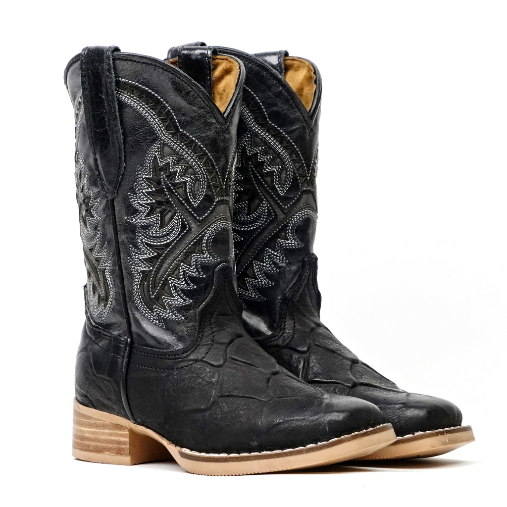 Kids Pirarucu Fish Black Boots - Embossed Leather - Square Toe (K92-1)