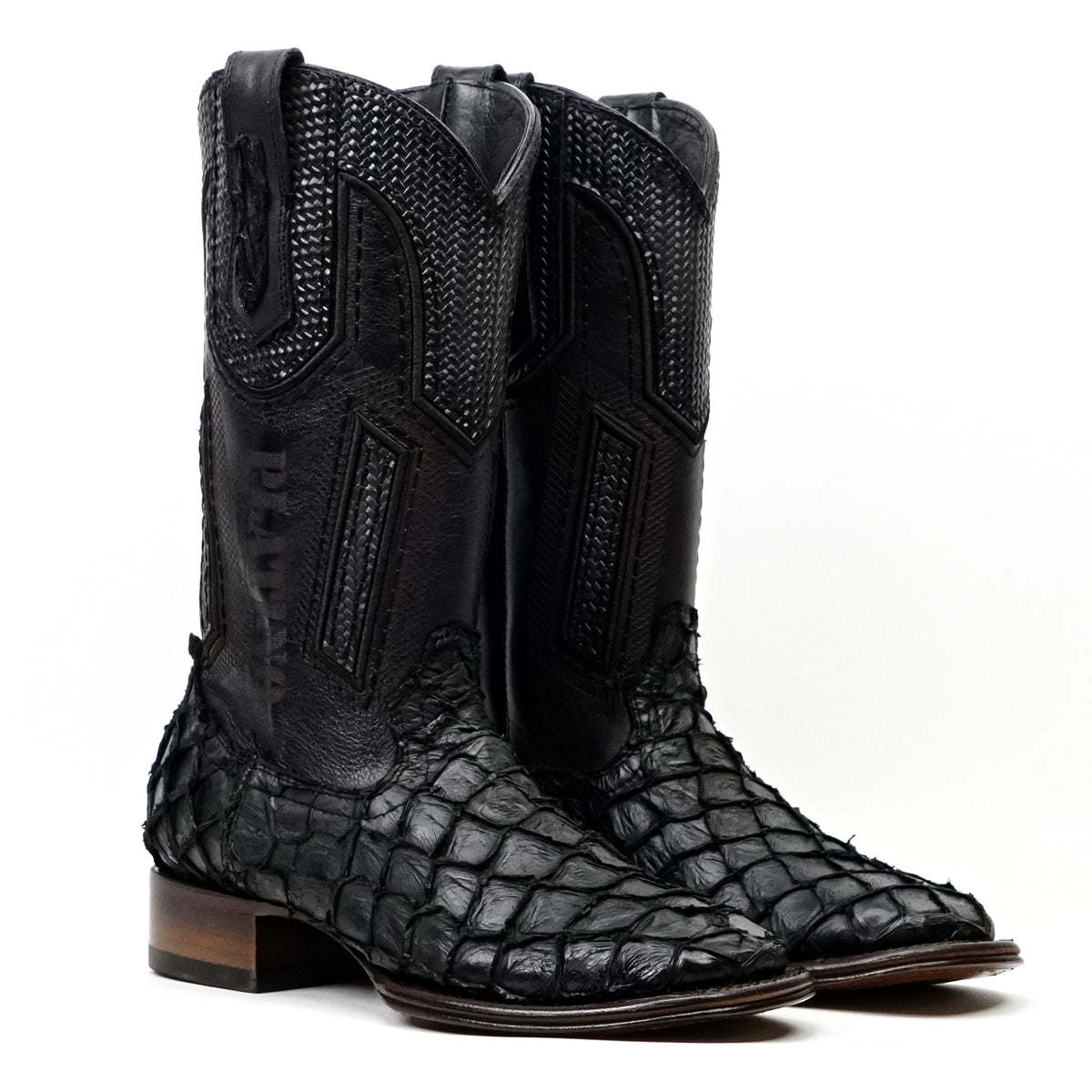 Botas Cuadradas Negras de Piel de Pirarucú Connor Platinum