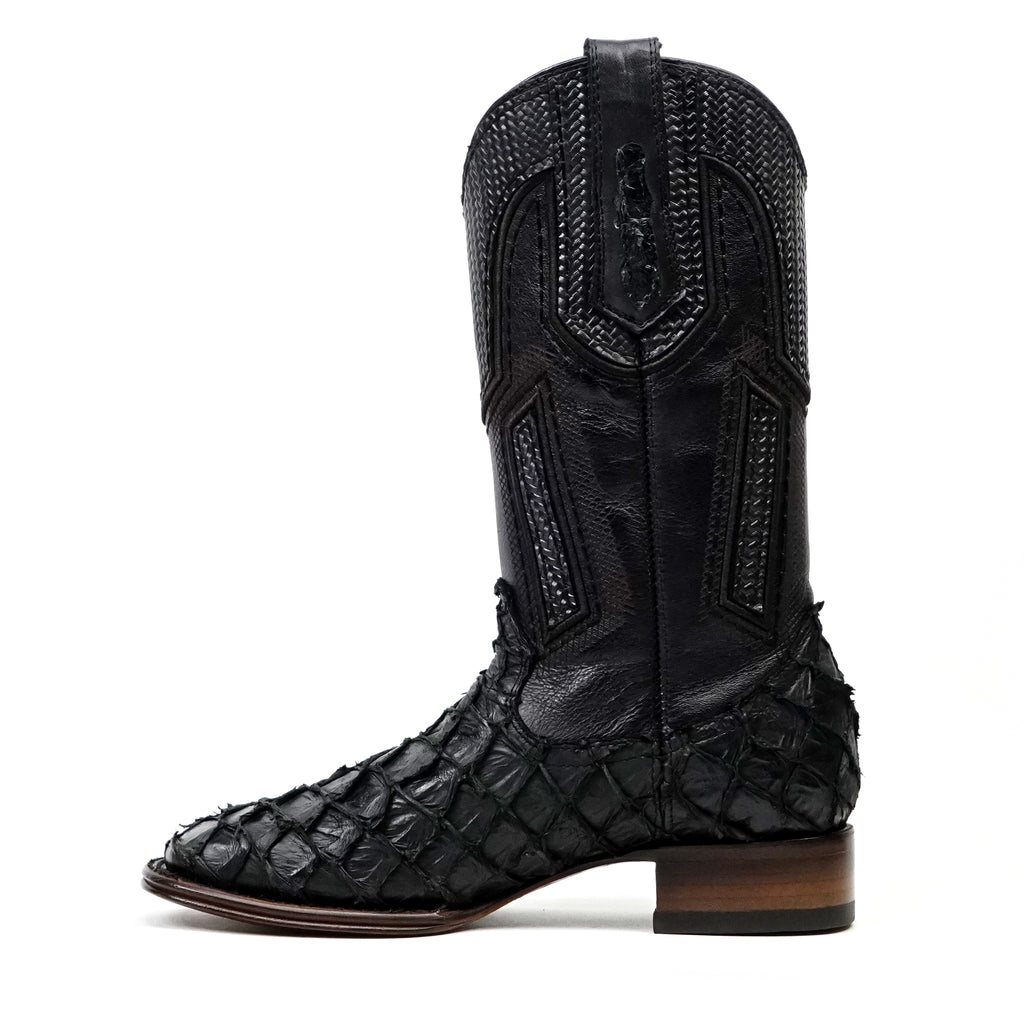 Botas Cuadradas Negras de Piel de Pirarucú Connor Platinum