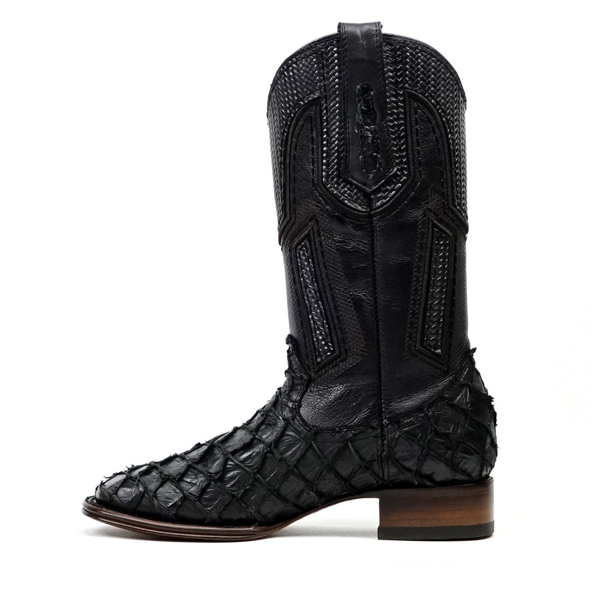 Botas Cuadradas Negras de Piel de Pirarucú Connor Platinum