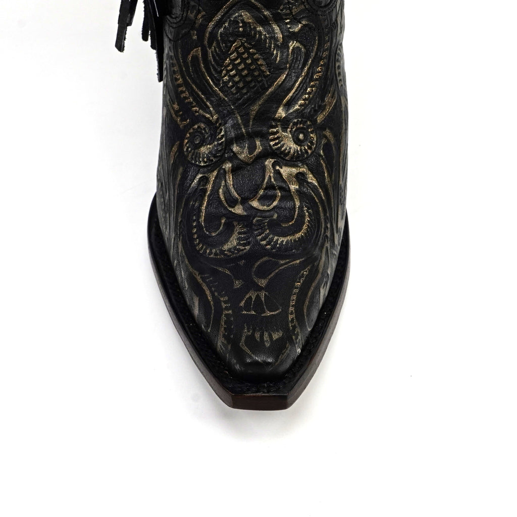 Black leather boot with intricate gold embroidery on a white background