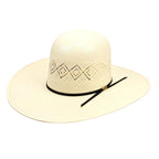 Beige straw hat with decorative band on a white background