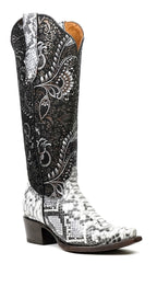 Marcie - Botas vaqueras Python Natural - Piel grabada - Caña alta - Punta fina (E867)