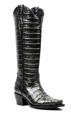 Venus - Botas grises de piel de cocodrilo - Piel repujada - Punta fina (E874)