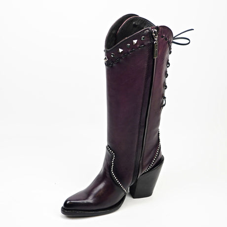 Purple knee-high boot with studded details on a white background