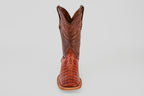 The Exotic Caiman Belly - Brandy - Square Toe boot, featuring detailed stitching and textured caiman leather, is shown from the front on a plain light gray background.